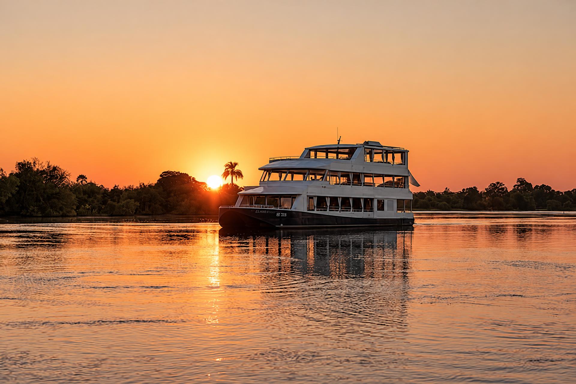 Zambezi Royal cruise boat on the upper Zambezi River at sunset