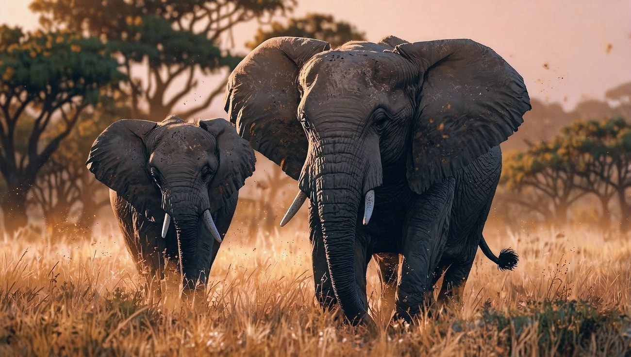 Two elephants walking through golden grassland at Hwange at sunrise
