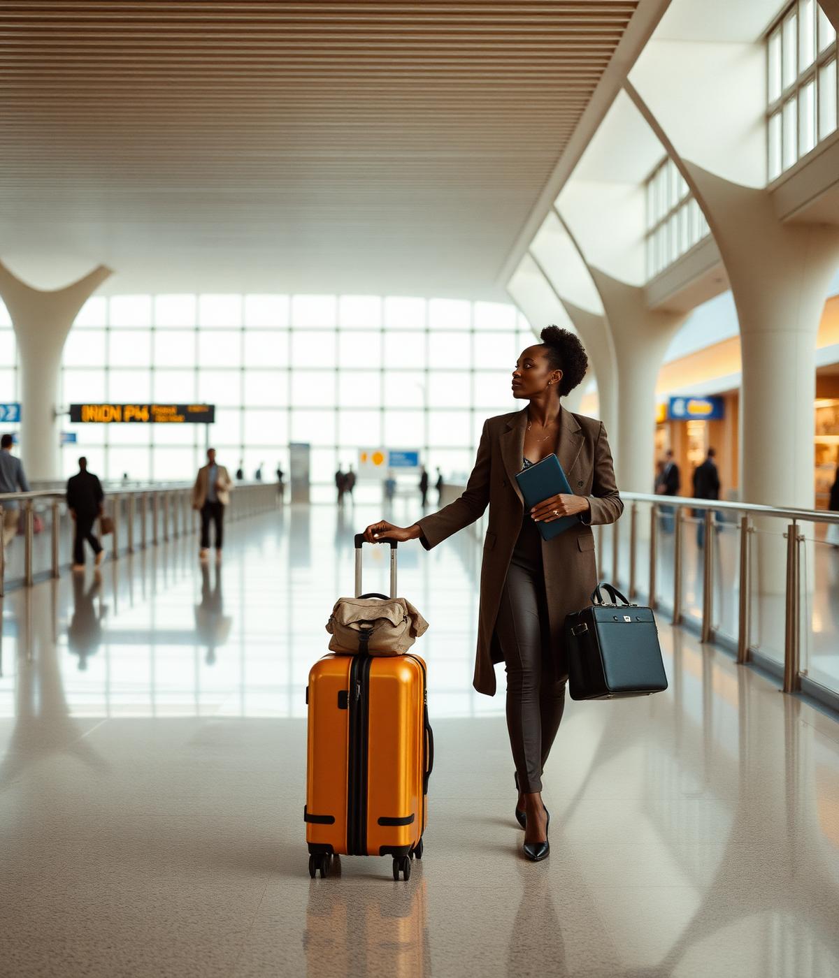 A traveler walking through a bright modern airport terminal