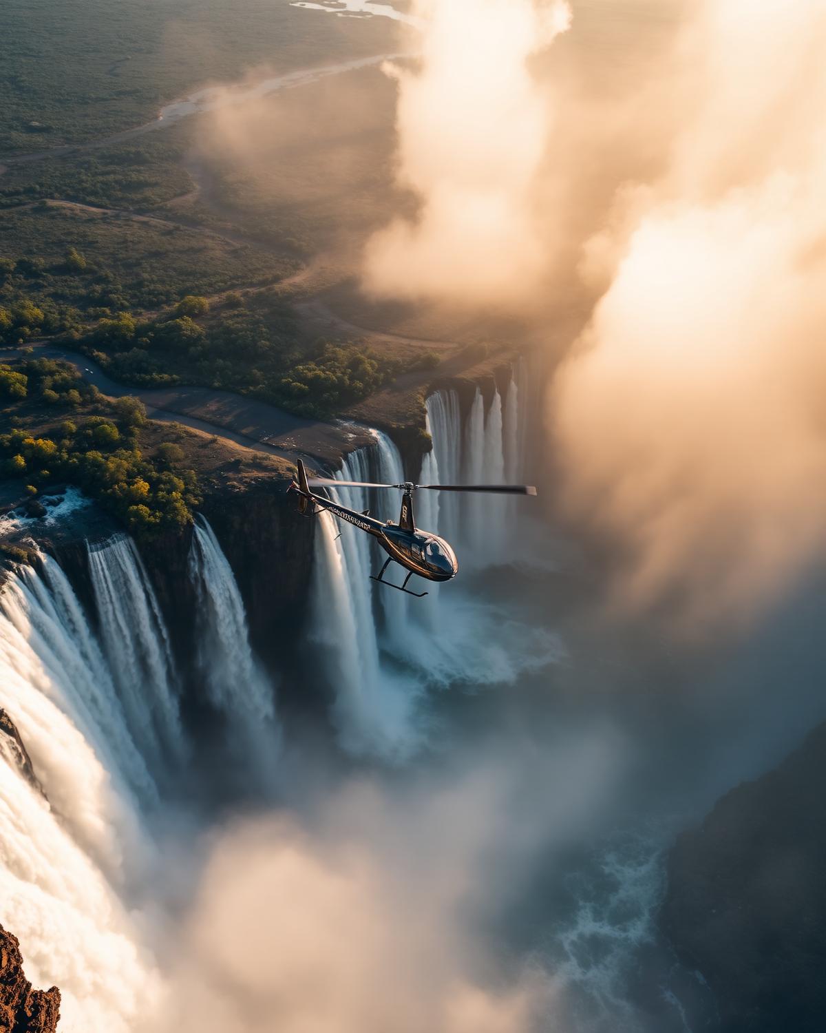 Helicopter flying above Victoria Falls and the misty gorge