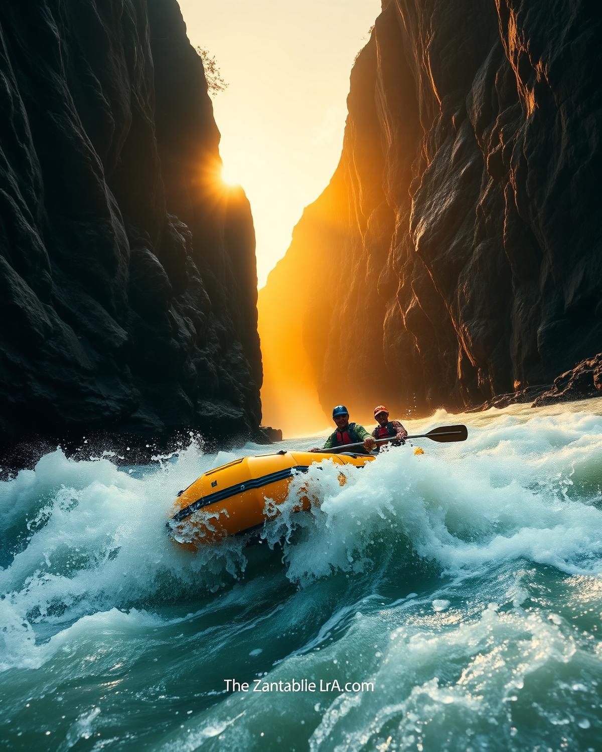 Raft crashing through a rapid on the Zambezi River in the Batoka Gorge