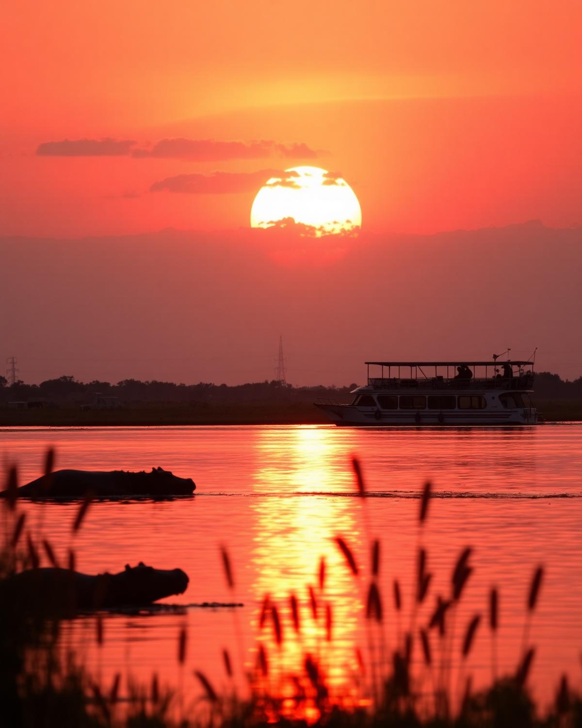 Sunset over the Zambezi River seen from a cruise boat