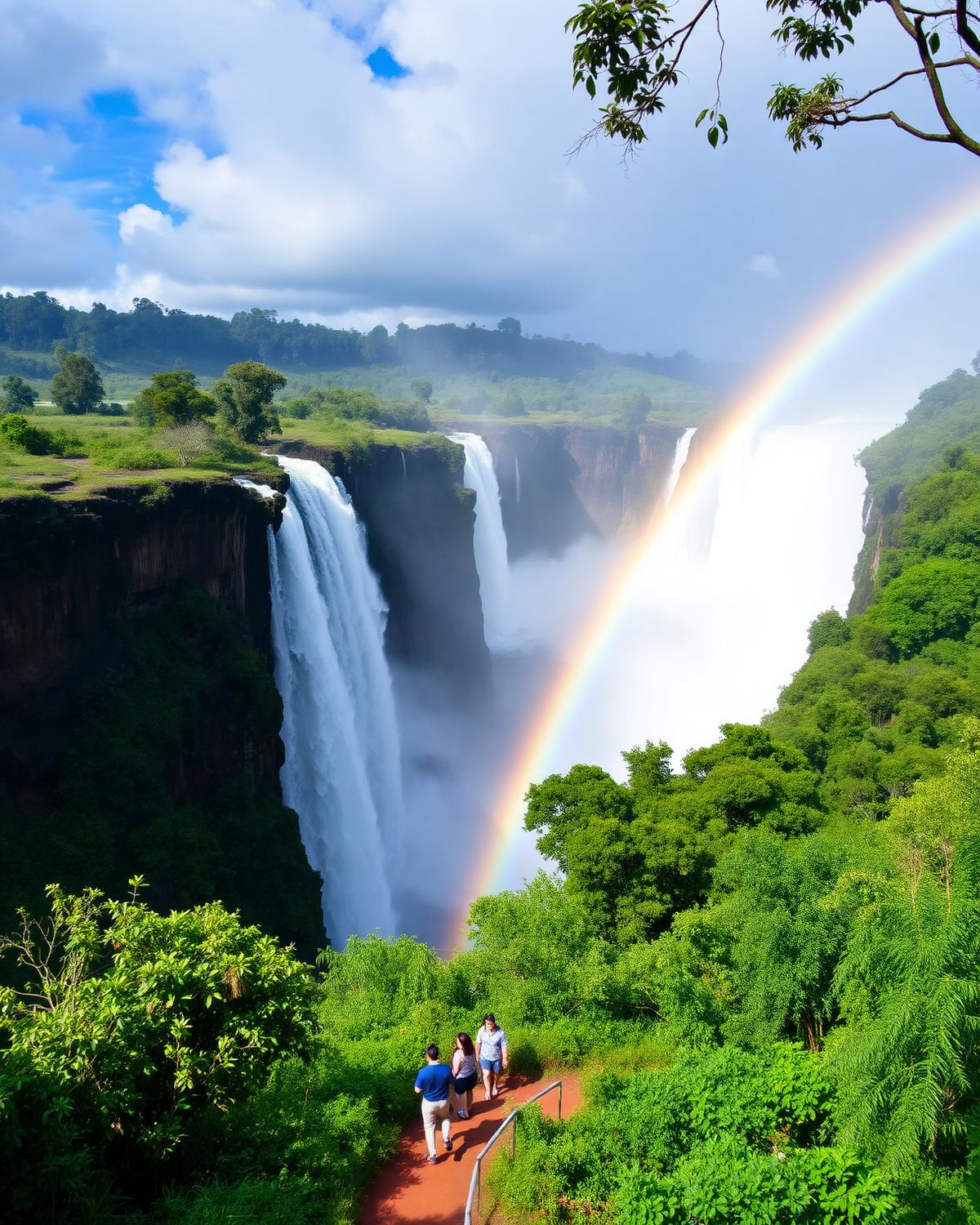 Victoria Falls with a rainbow above the rainforest