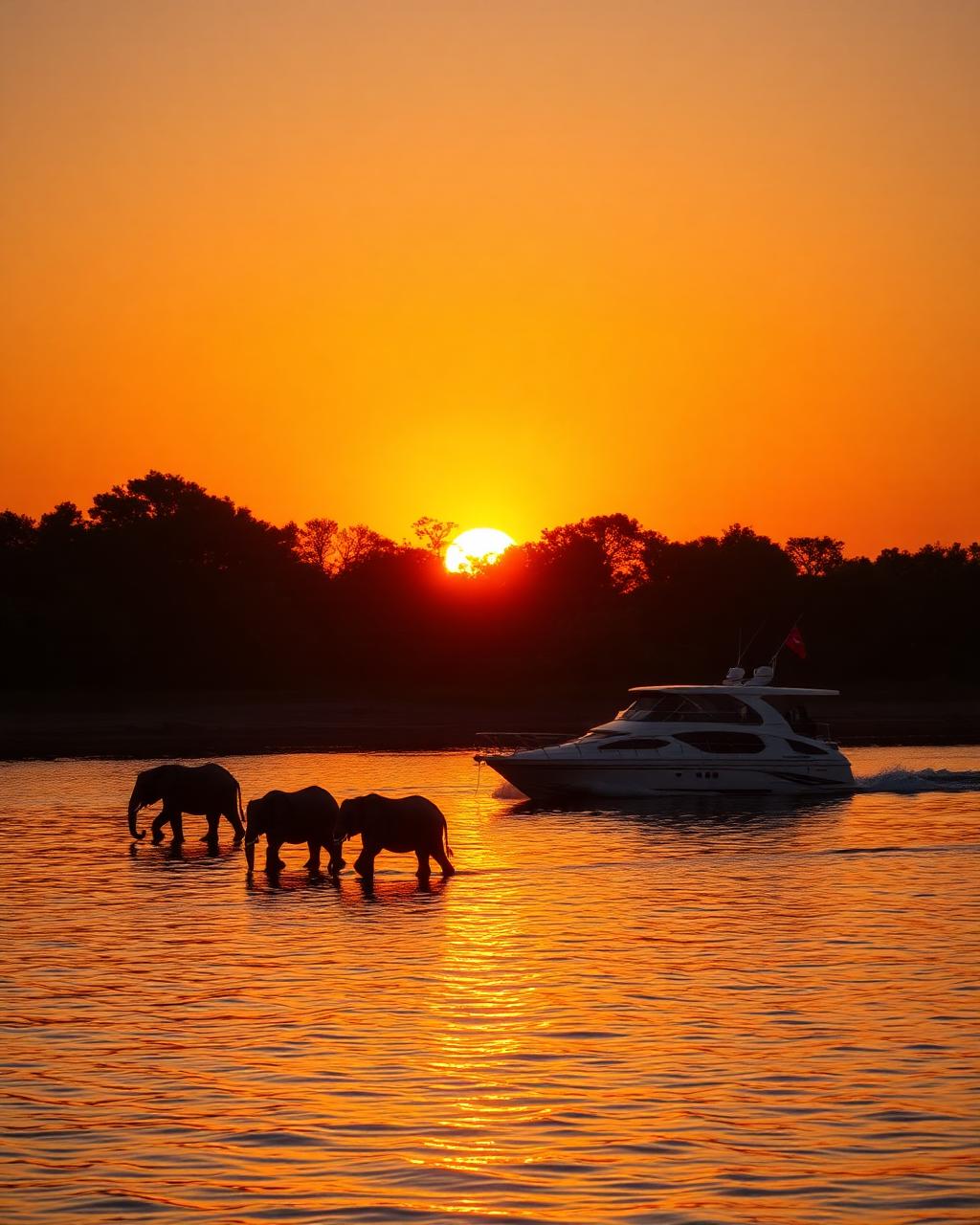 Sunset cruise boat on the upper Zambezi River with elephants at the bank