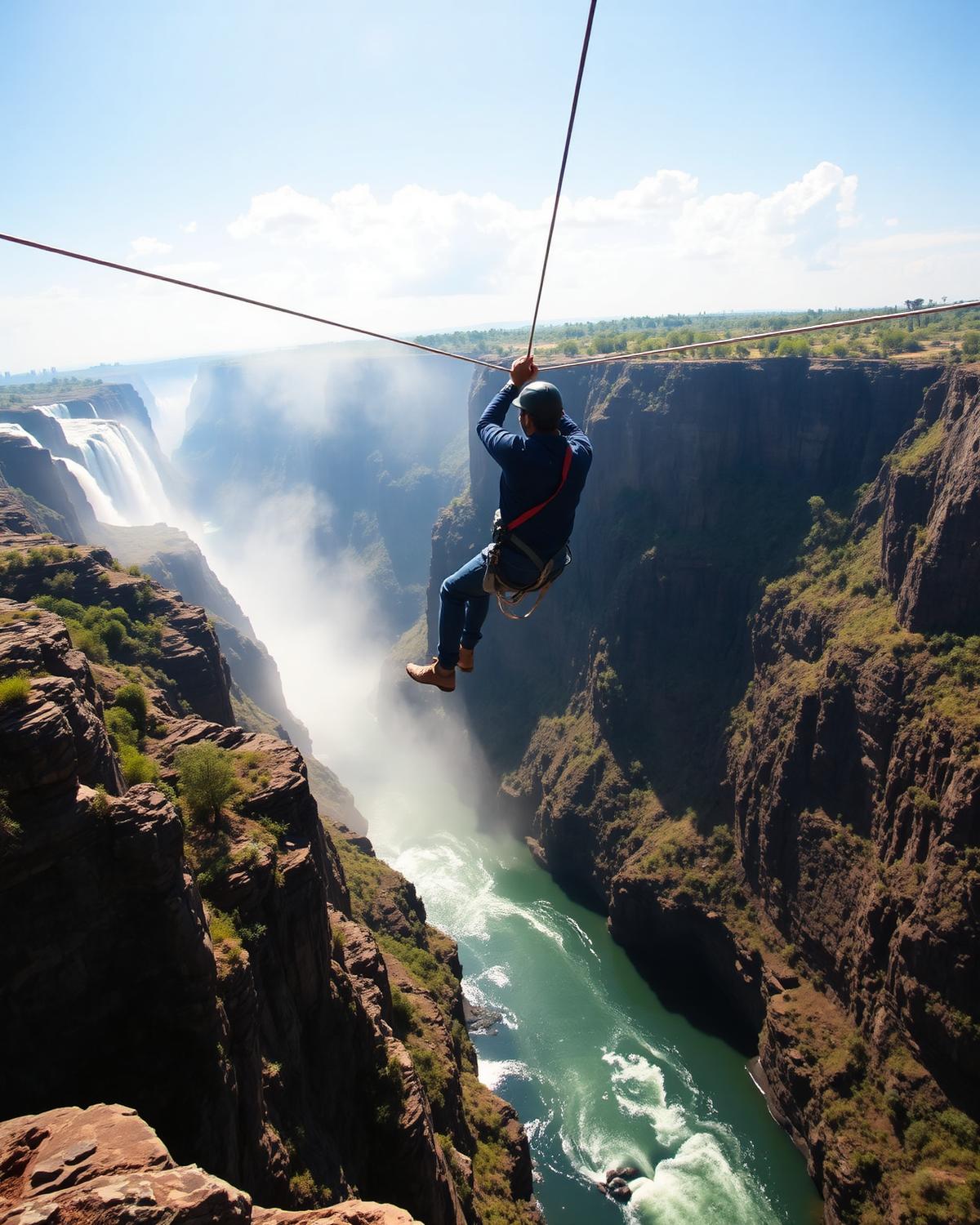Person ziplining across the Batoka Gorge above the Zambezi River