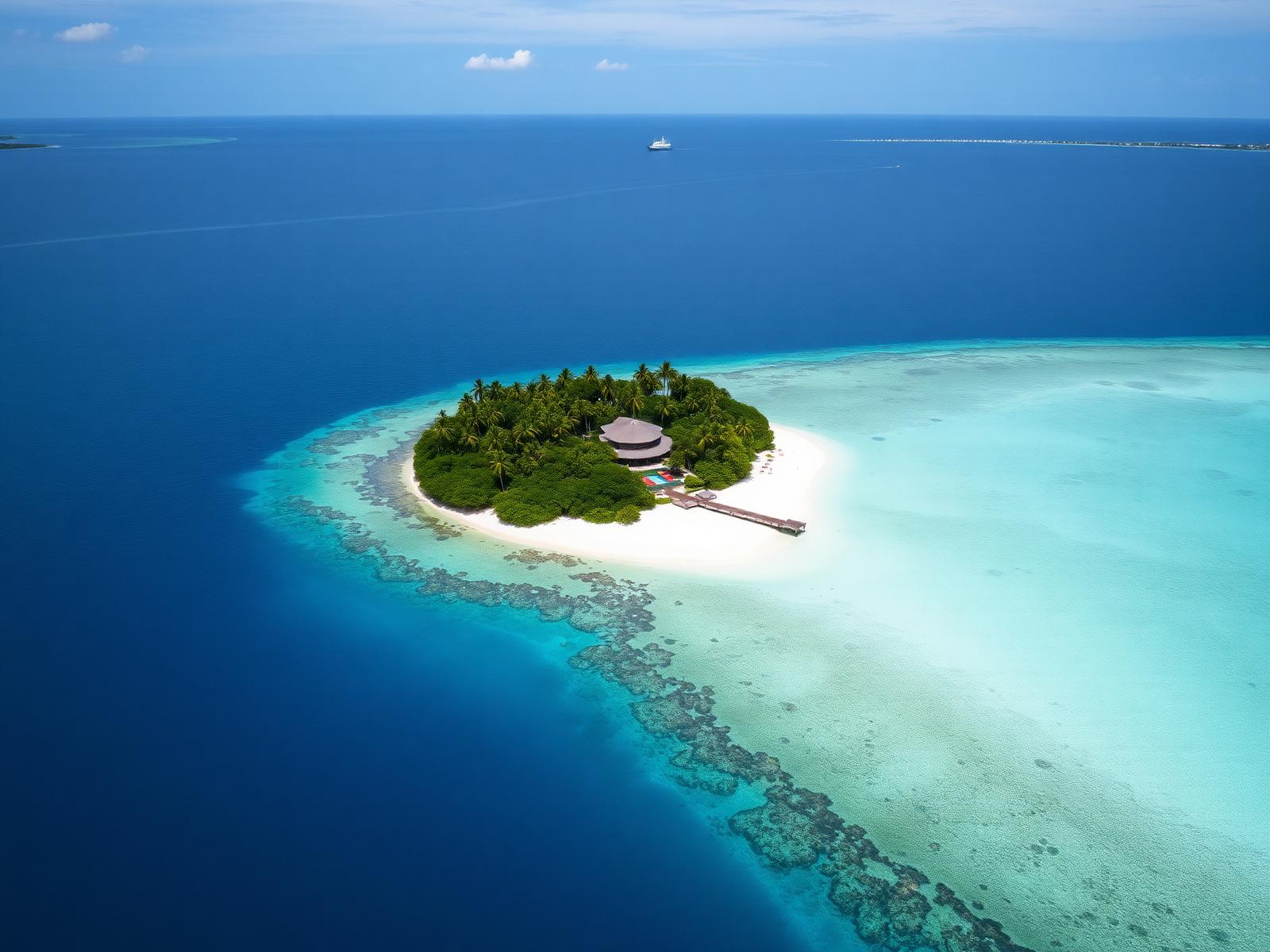 A private island ringed by white sand and coral reef